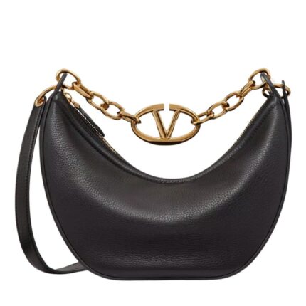 VALENTINO GARAVANI SMALL VLOGO MOON HOBO BAG IN GRAINY CALFSKIN WITH CHAIN