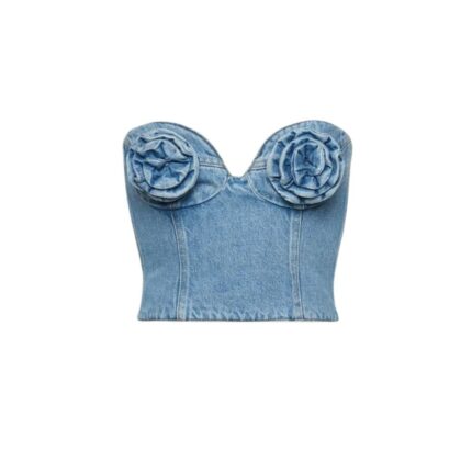 MAGDA BUTRYM FLOWER BUSTIER DENIM CORSET TOP IN LIGHT BLUE