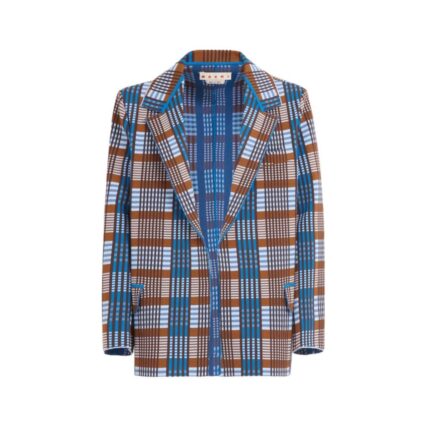 MARNI BROWN AND BLUE CHECKED TECHNO KNIT BLAZER