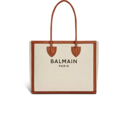 BALMAIN ECRU CANVAS B-ARMY 42 TOTE BAG WITH BROWN LEATHER PANELS